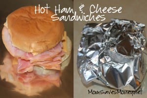 hot ham and cheese sandwiches wrapped in foil and baked in the oven until cheese is melty and delicious