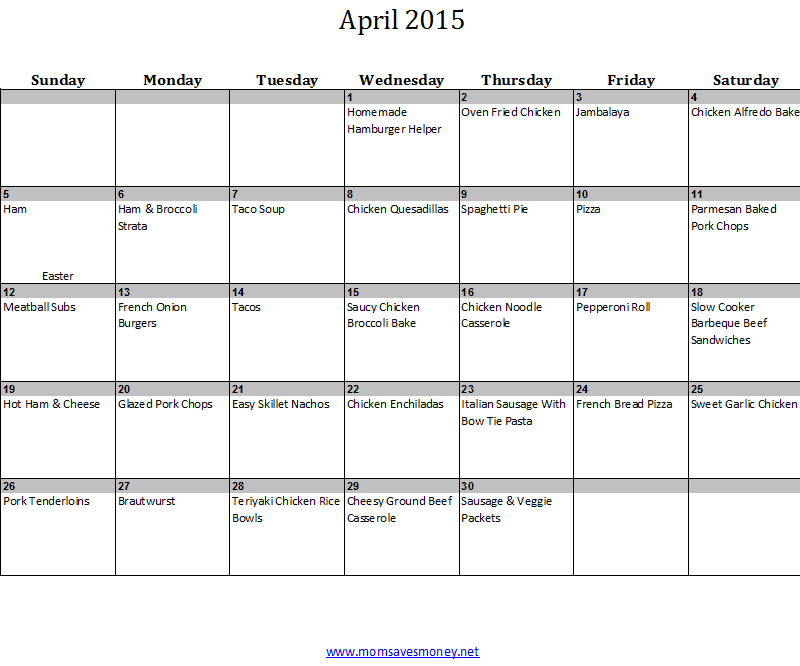 april menu calendar