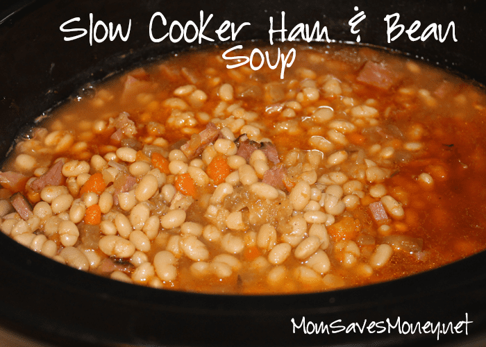 ham and bean soup with navy beans, carrots, celery, onion and spicesin the slow cooker