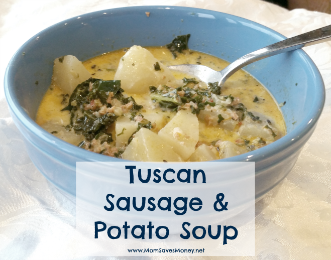 Tuscan soup with sausage, potato, kale, cream and a blend of sesonings served in a blue bowl