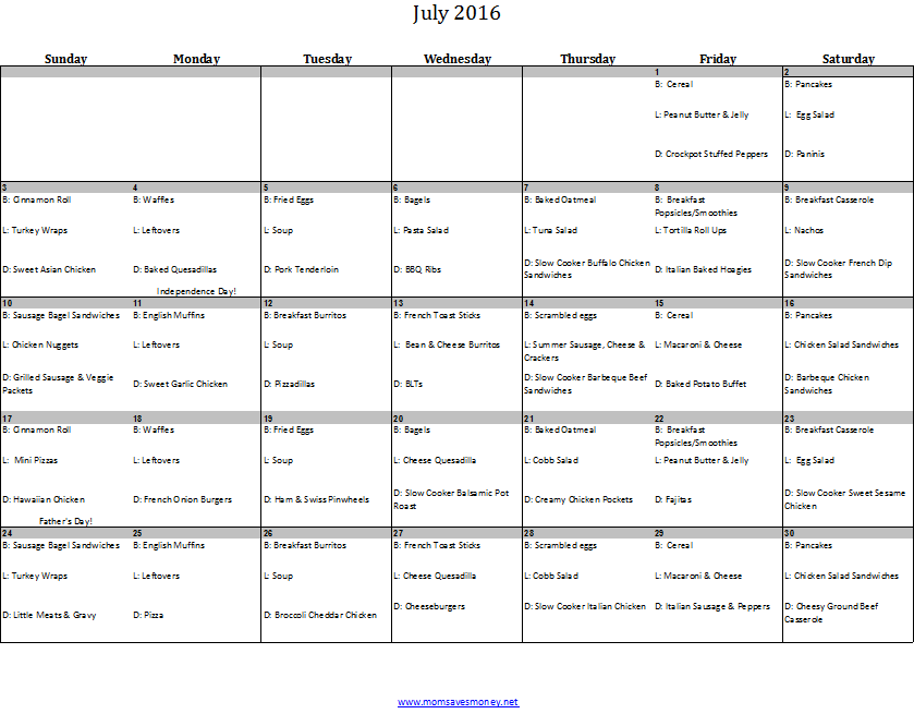 january 2016 menu calendar