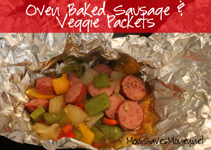 Smoked sausage, peppers, zucchini, onions, mushrooms, and tomatoes baked in a foil packet.