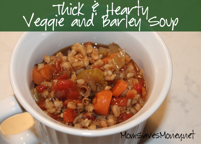 Vegetable and barley soup in a white soup cup