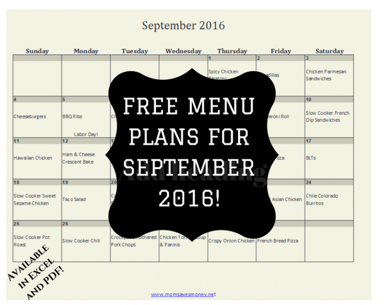 2016 monthly dinner menu calendar printable