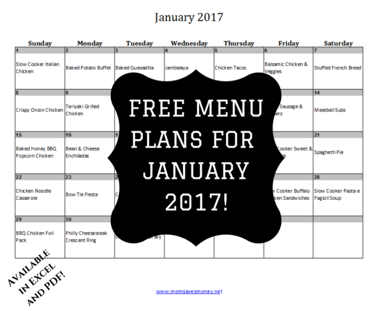 january 2016 printable menu calendar