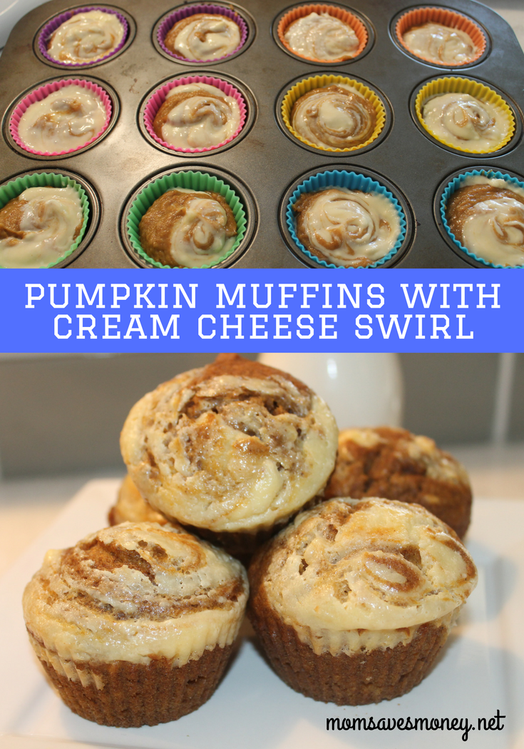 pumpkin muffins with cream cheese swirl in a pan