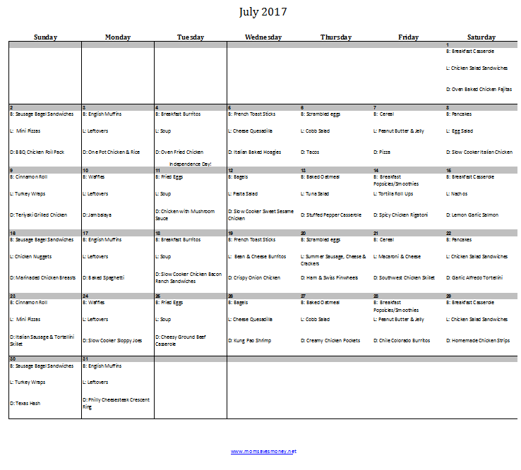 July 2017 Monthly Menu Plan - Mom Saves Money