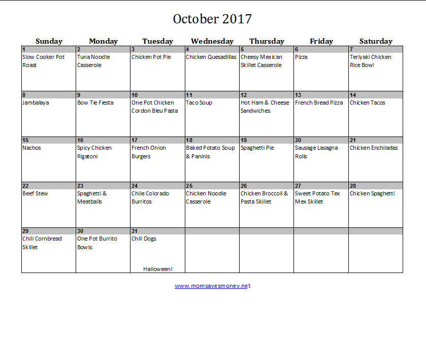 monthly menu calendar