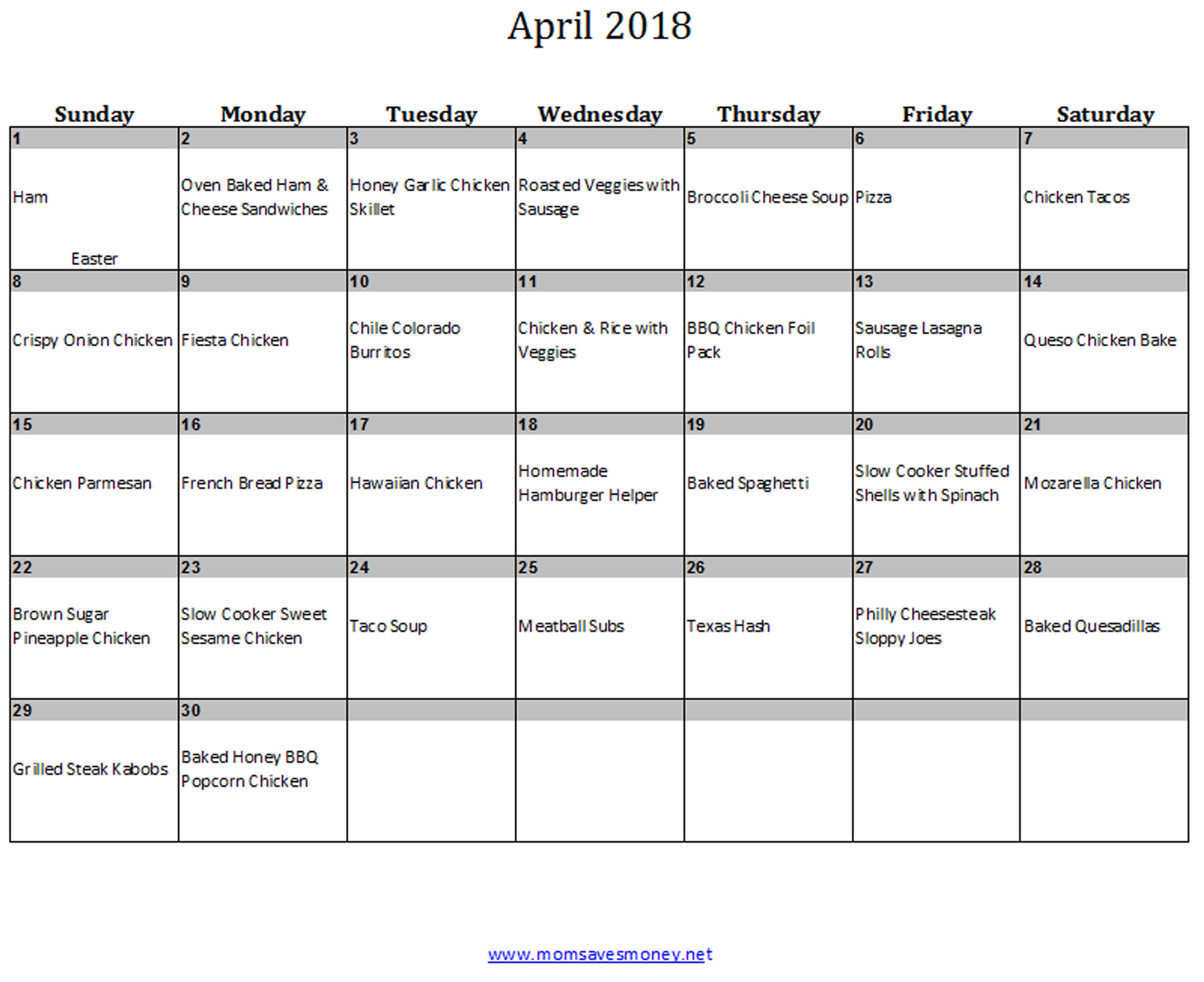 april menu calendar