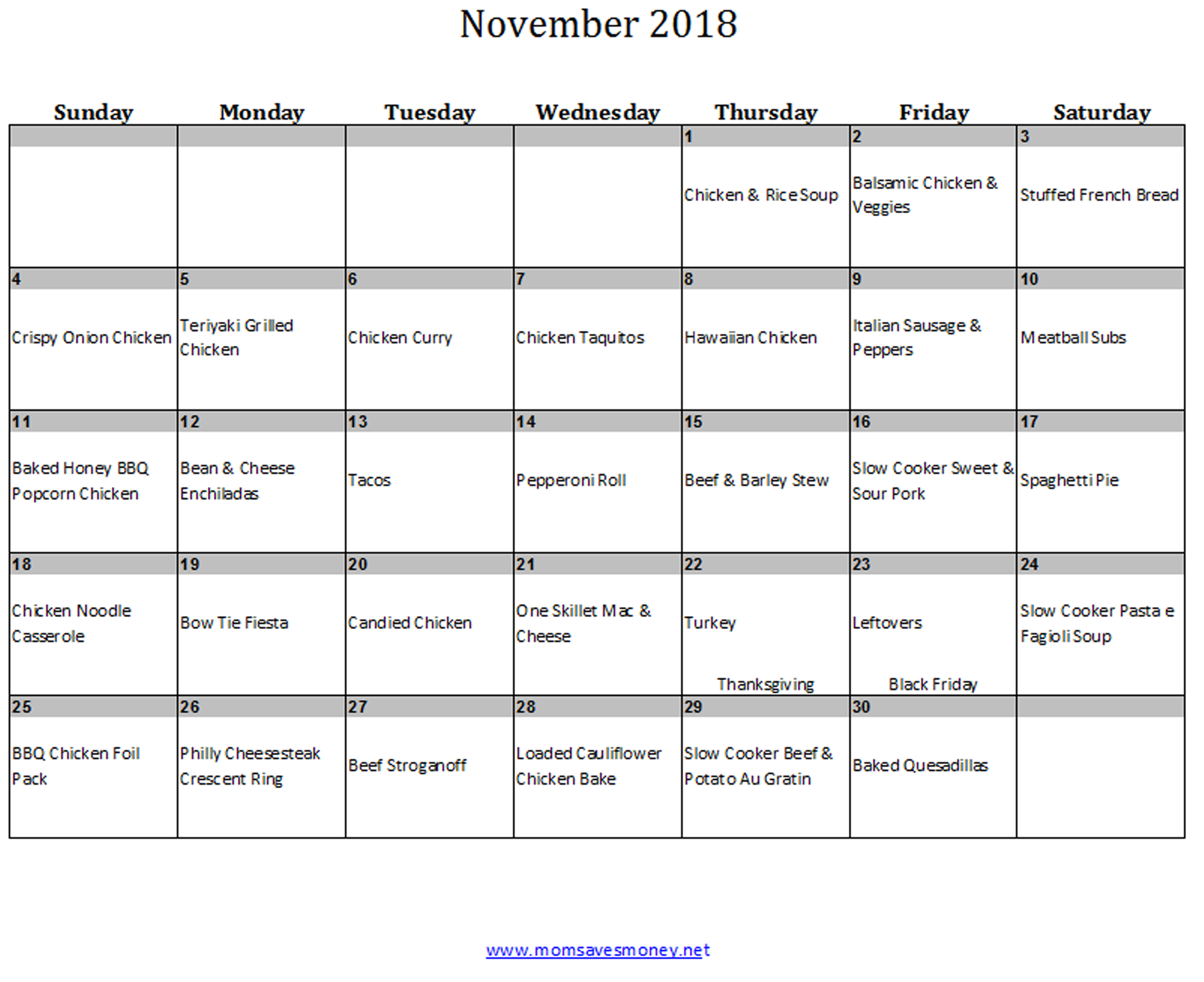Start your holiday season with less stress in November 2018 with this menu plan! 30 days of easy, doable and yummy recipes! #mealplan #menuplan #easyrecipes #familyfriendlyrecipes