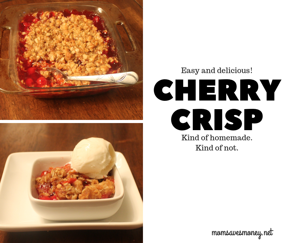 Delicious Kind Of Homemade Cherry Crisp! Warm cherries with a homemade oatmeal crisp topping. Serve with a scoop or two of vanilla ice cream. #cherry #cherrycrisp #dessert #homemade #semihomemade