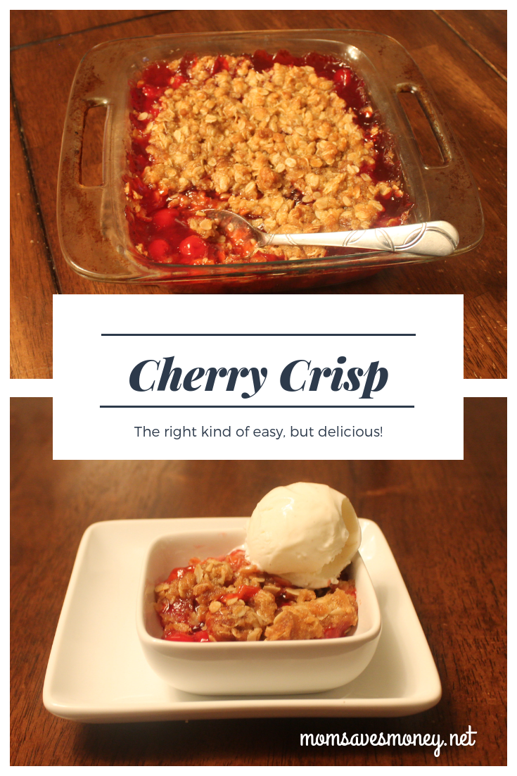 Delicious Kind Of Homemade Cherry Crisp! Warm cherries with a homemade oatmeal crisp topping. Serve with a scoop or two of vanilla ice cream. #cherry #cherrycrisp #dessert #homemade #semihomemade