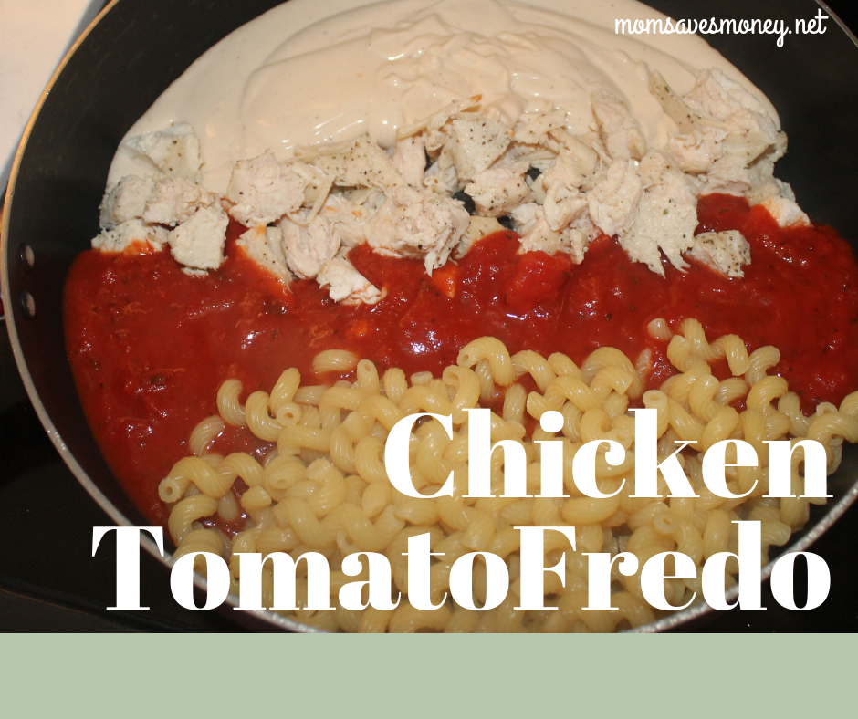 TomatoFredo! It's a funny word maybe, but it's a beautiful blend of alfredo and marinara sauces. Add in some chicken for a complete meal! #italian #pasta #chicken #alfredo #chickenalfredo #simple #easy