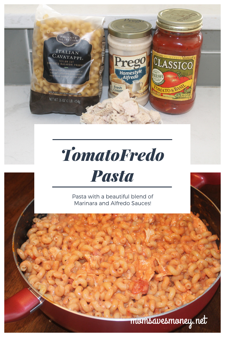 TomatoFredo! It's a funny word maybe, but it's a beautiful blend of alfredo and marinara sauces. Add in some chicken for a complete meal! #italian #pasta #chicken #alfredo #chickenalfredo #simple #easy