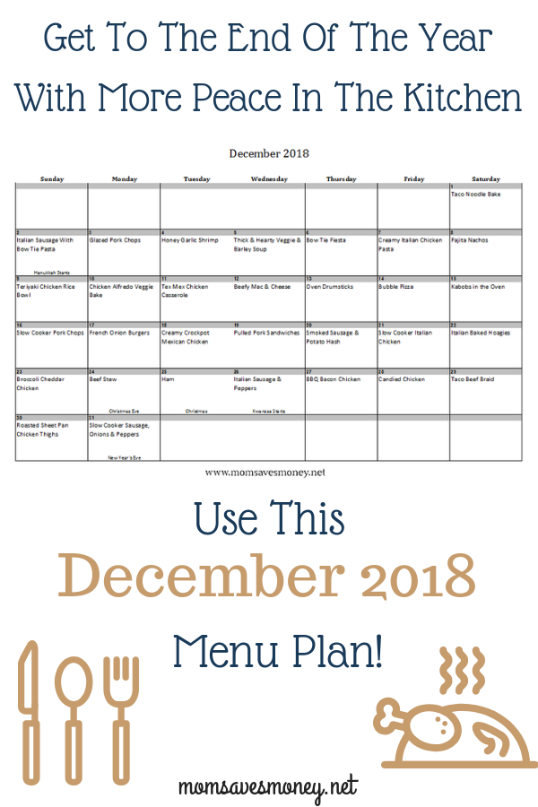 End the year with PEACE in your Kitchen! Having a plan for meals will free you up to think about other things. 31 days of easy, family-friendly recipes! #mealplan #menuplan #easyrecipes #familyfriendlyrecipes