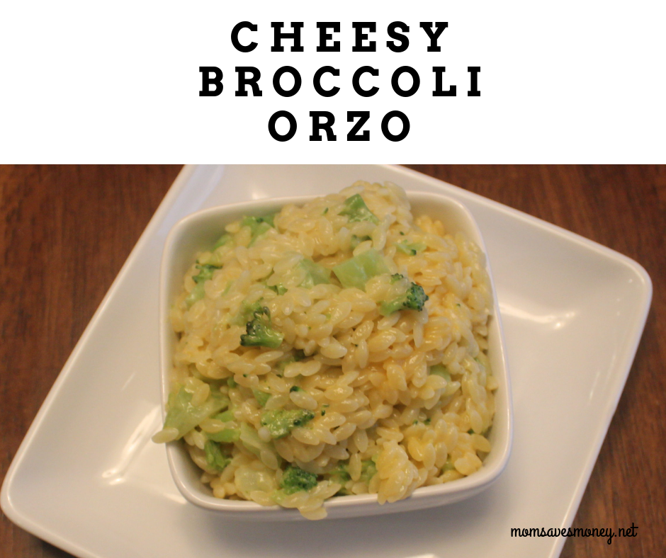 cheesy broccoli orzo served as a side dish 