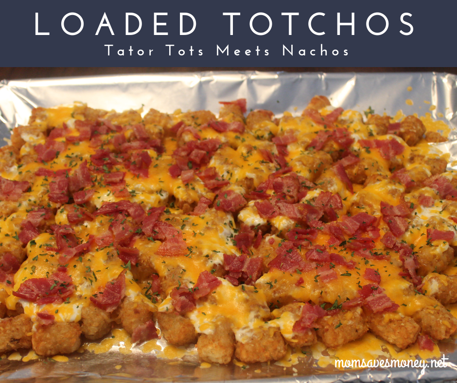 Totchos! Irish Nachos! Tator tots baked in an oven, covered with cheese, ranchy sour cream and bacon makes for a family friendly and simple meal! #totchos #tatortots #loaded #simple #easy