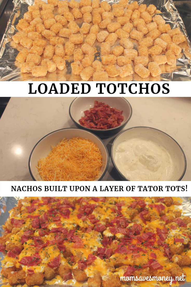 Totchos! Irish Nachos! Tator tots baked in an oven, covered with cheese, ranchy sour cream and bacon makes for a family friendly and simple meal! #totchos #tatortots #loaded #simple #easy