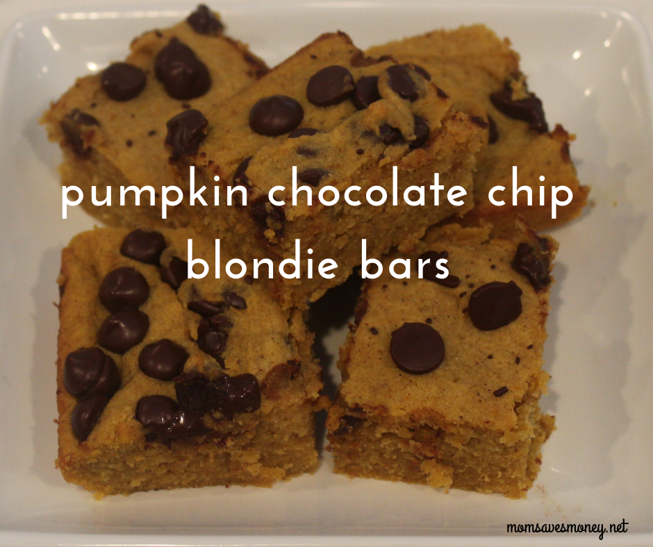 pumpkin chocolate chip blondie bars on a tray