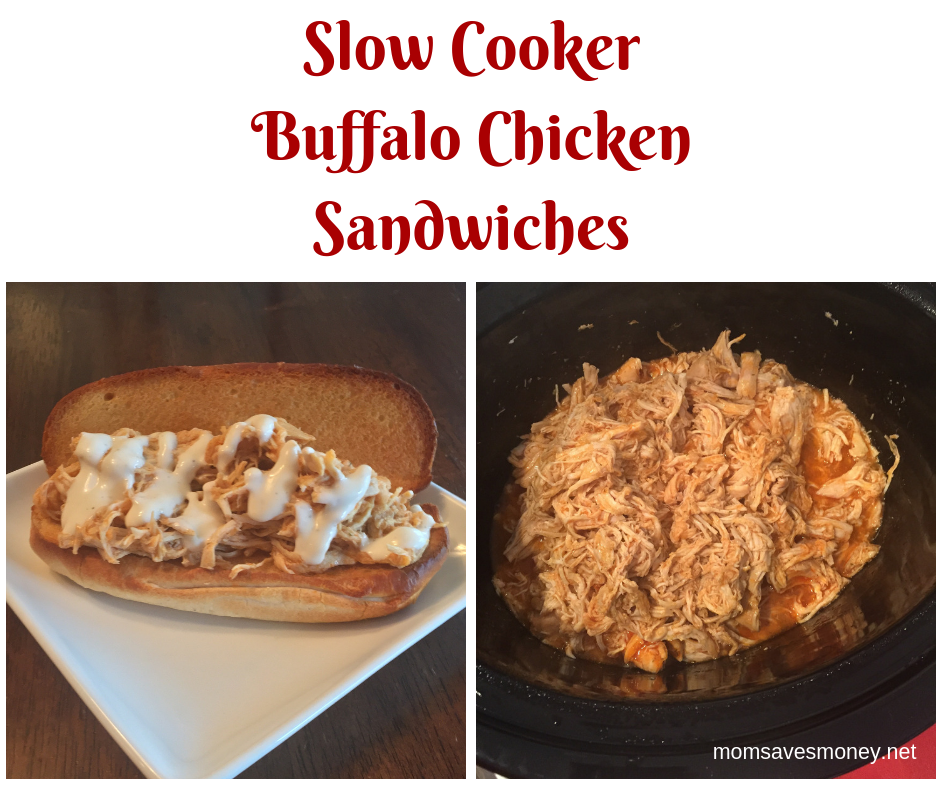 Buffalo chicken made in the slow cooker and served on a toasted hoagie and drizzled with ranch sauce