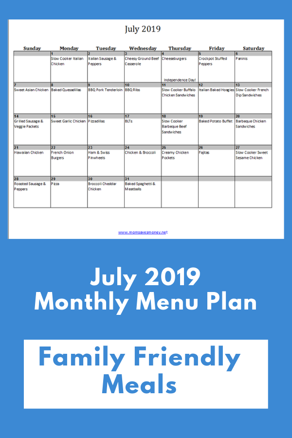 july 2019 calendar with meals