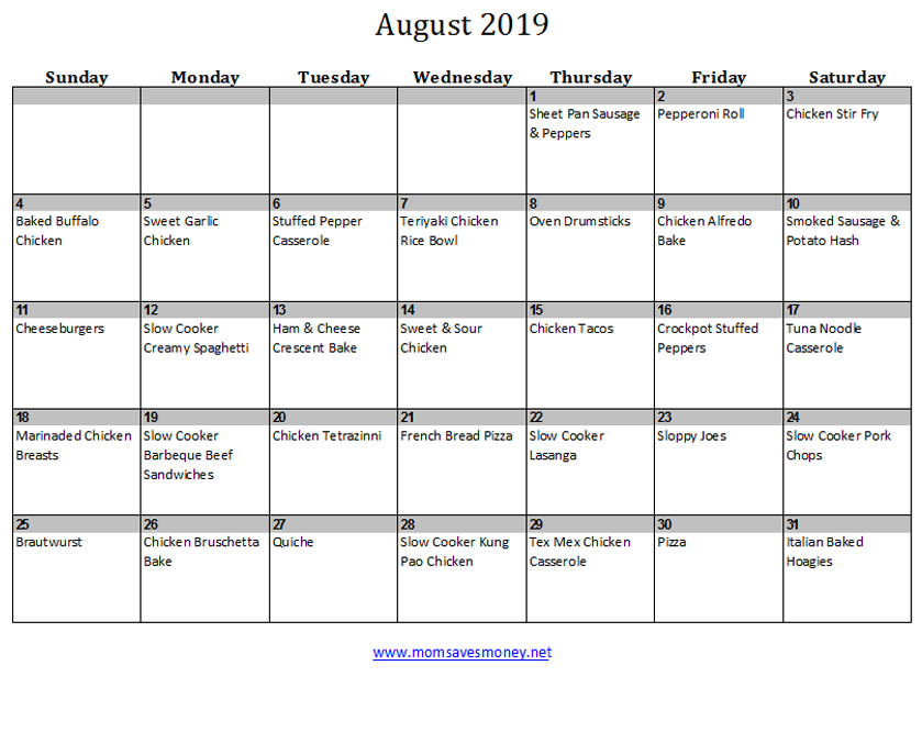 august 2019 calendar with meals