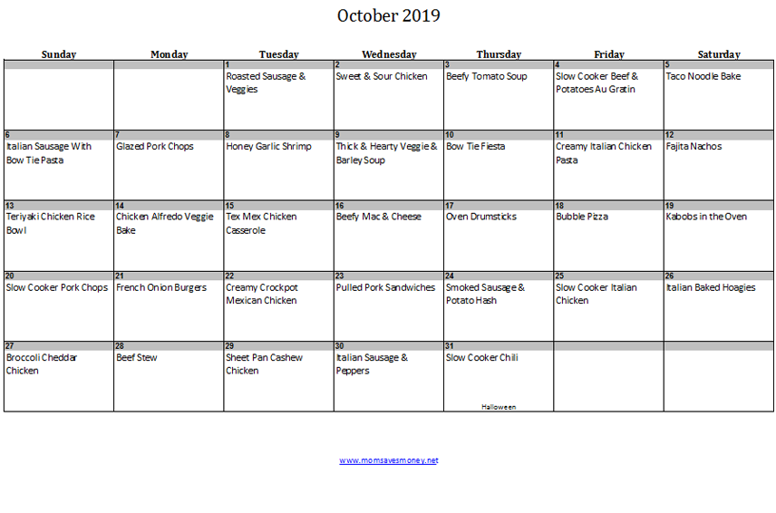 october 2019 calendar with meals