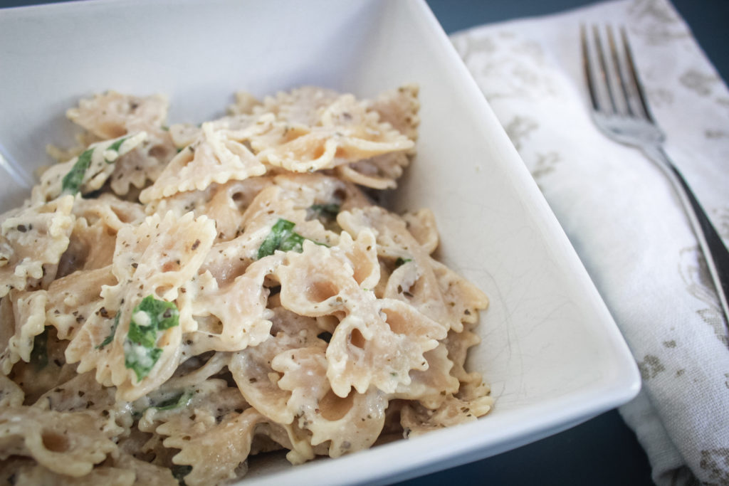 basil chicken alfredo in a bowl