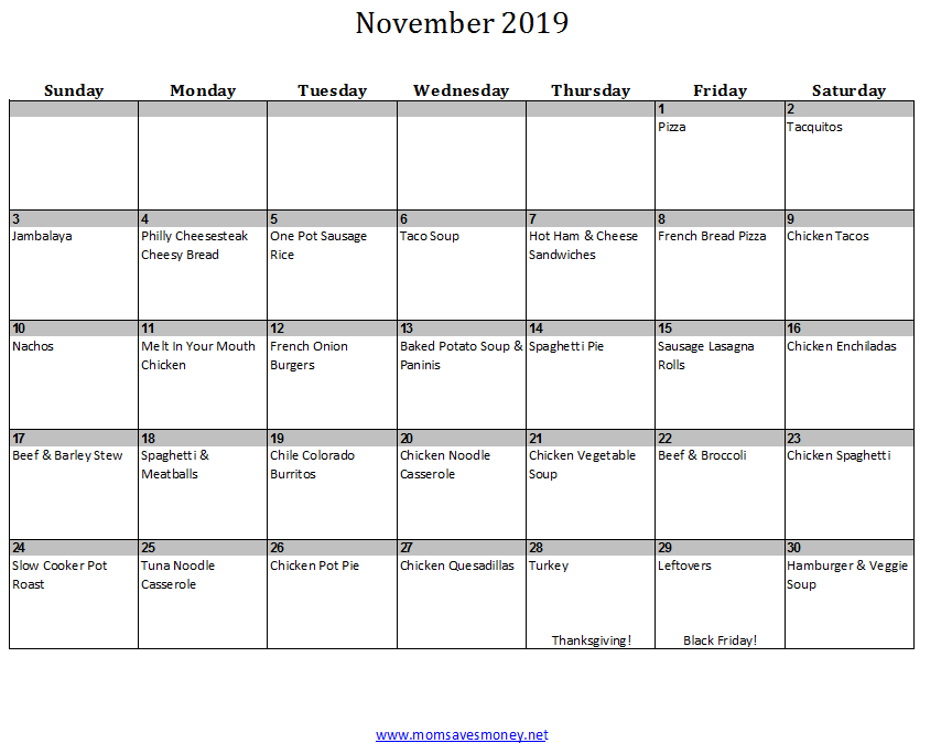 november 2019 calendar with meals