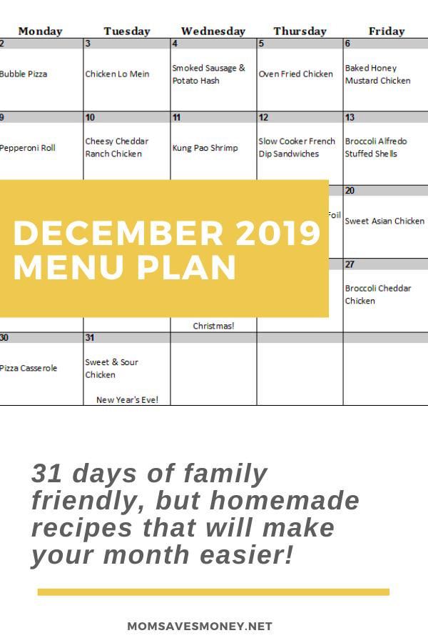 december 2019 meal plan calendar
