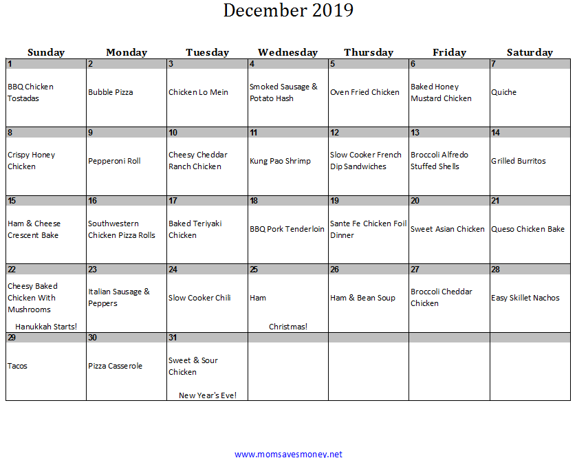 december 2019 calendar with meals