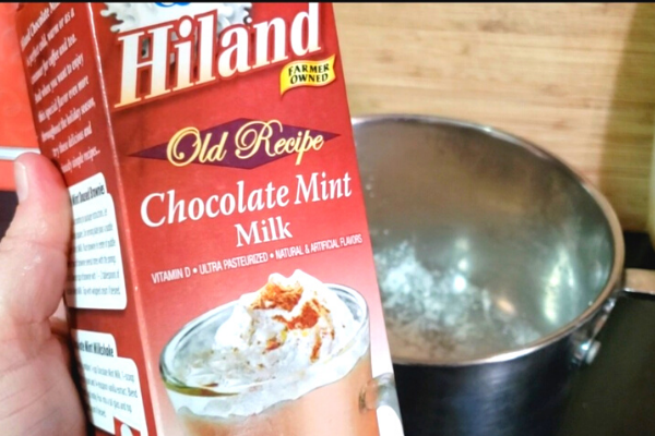 hiland dairy chocolate mint milk. saucepan in background
