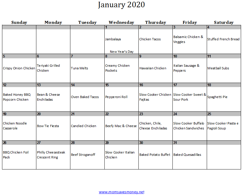 january 2019 calendar with meals