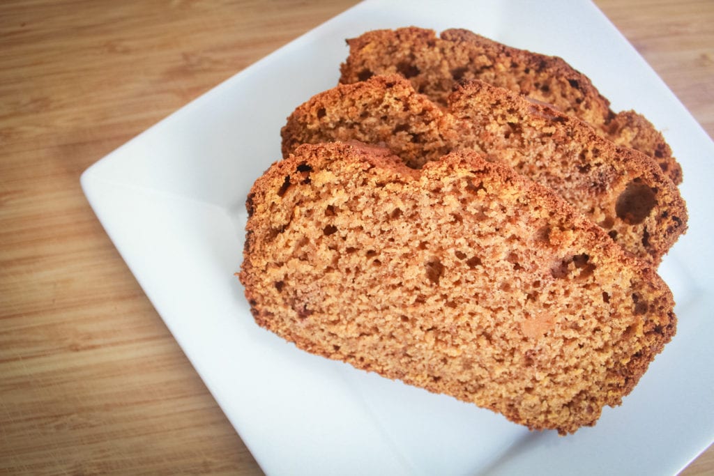 3 slices of sweet potato bread on white plate