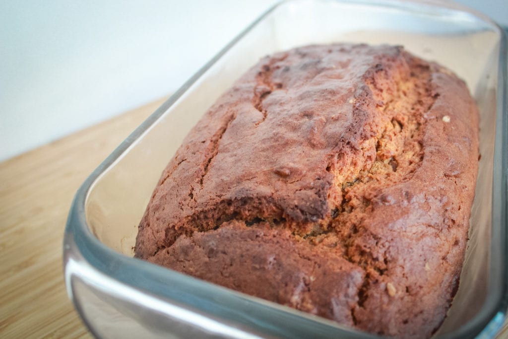 Sweet potato bread in glass loaf pan