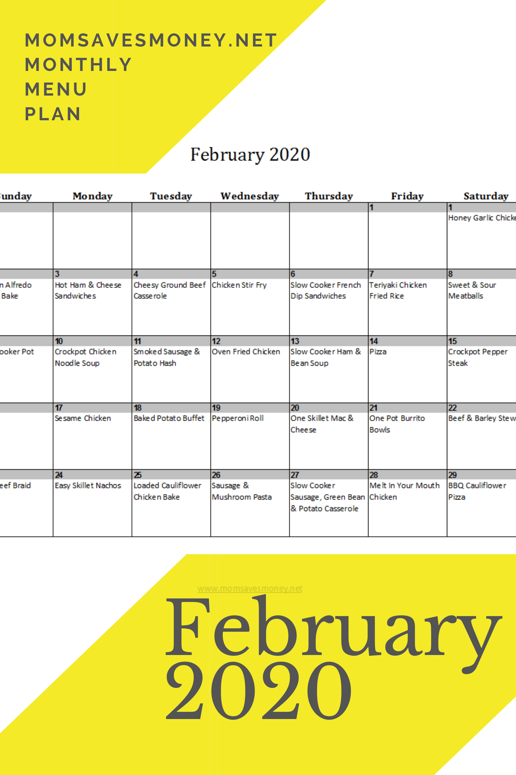 February 2020 meal plan calendar