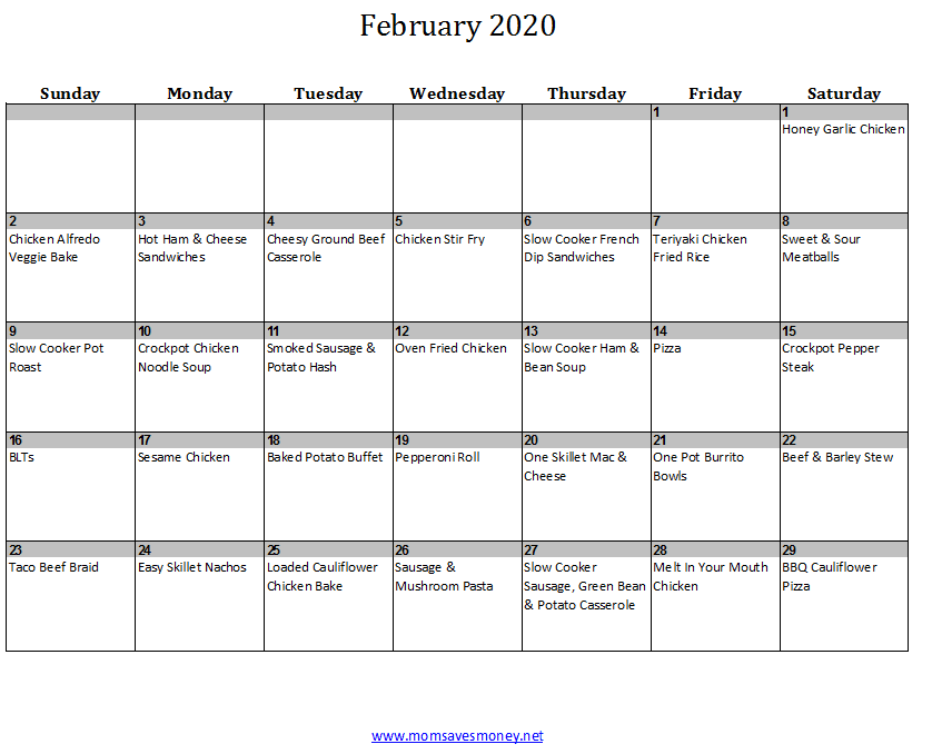 February 2020 Menu Plan