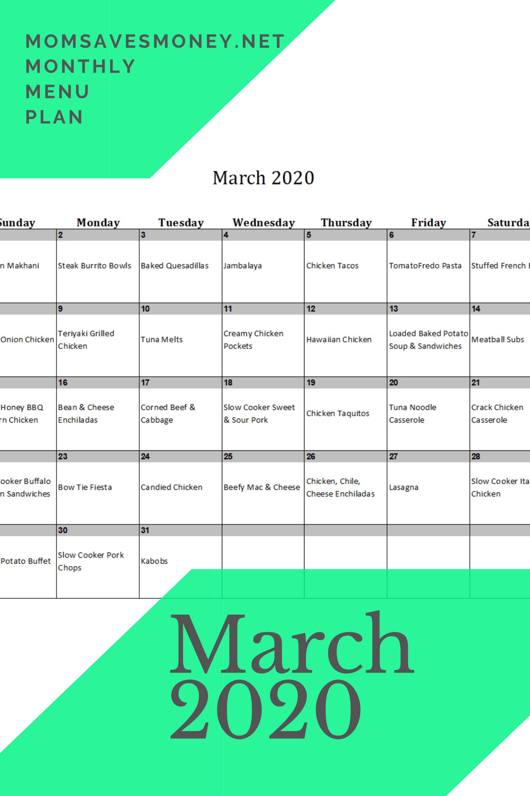 March 2020 meal plan calendar