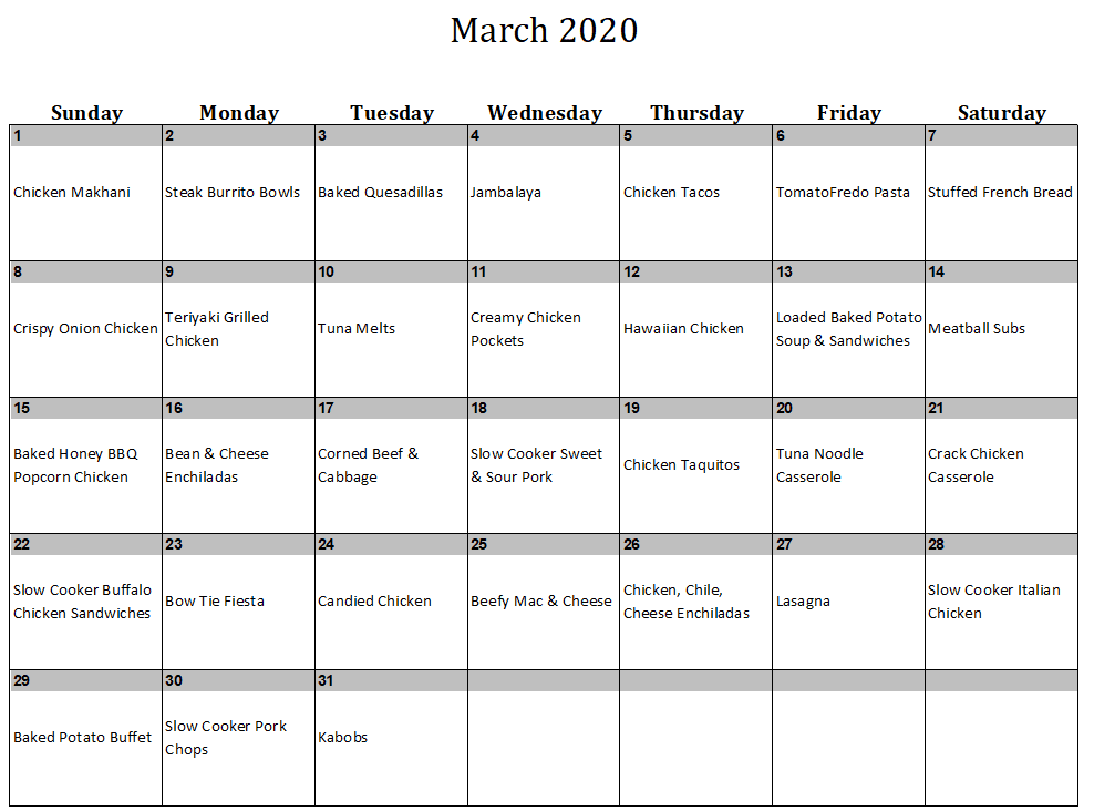 March 2020 Menu Plan