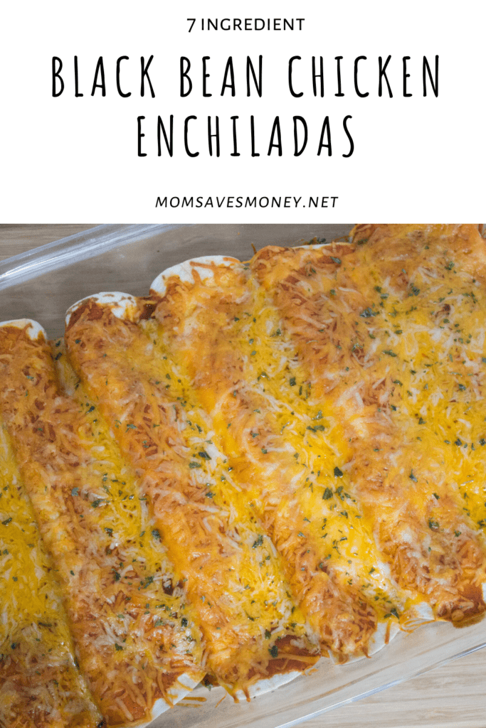 black bean chicken and cream cheese enchiladas in glass casserole dish