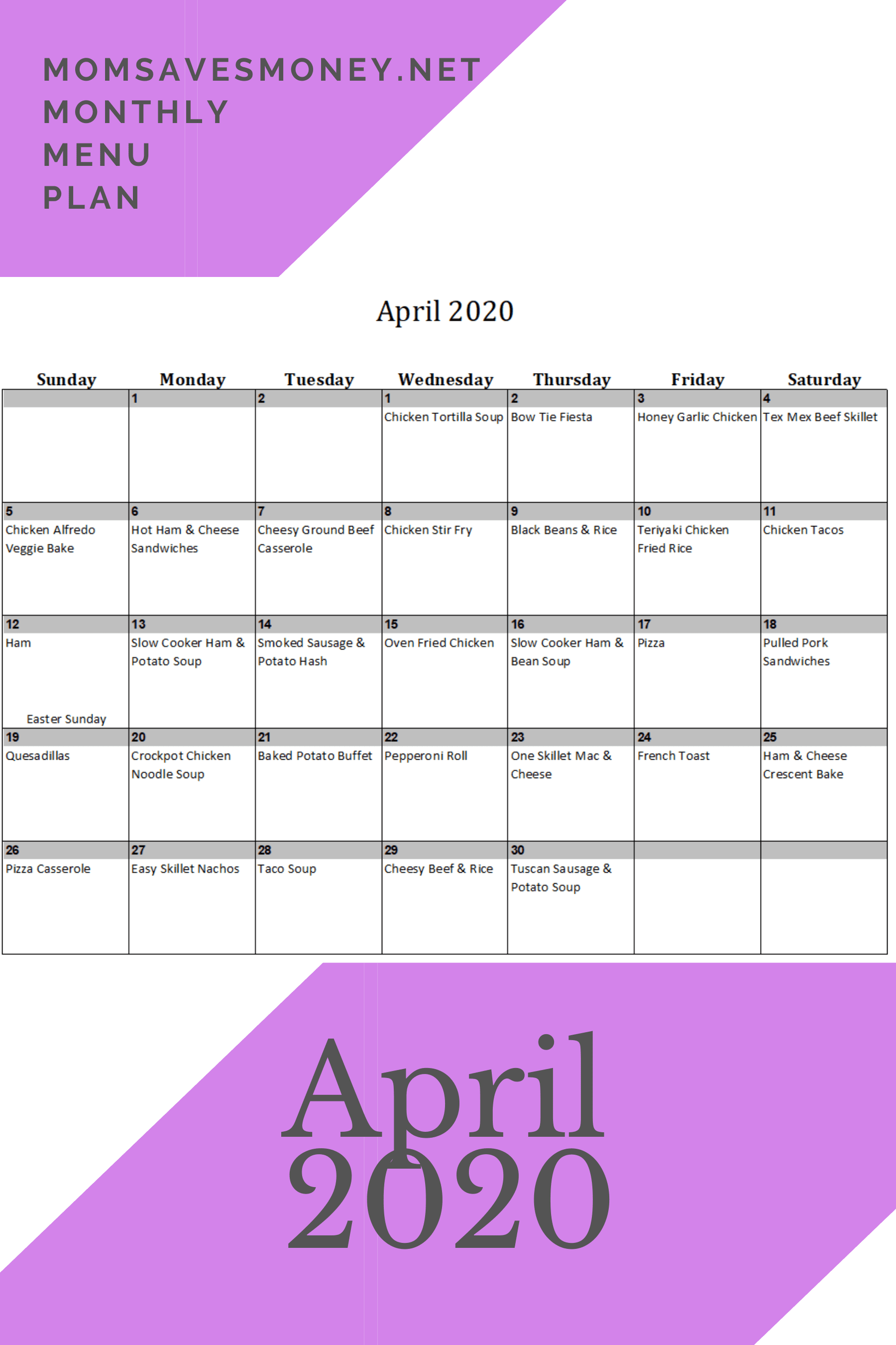 April 2020 meal plan calendar