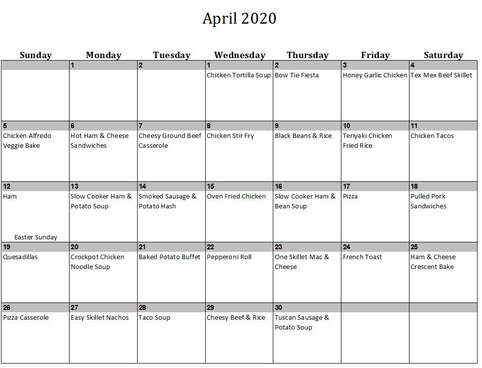 April 2020 Menu Plan