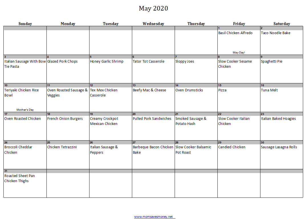 May 2020 Menu Plan