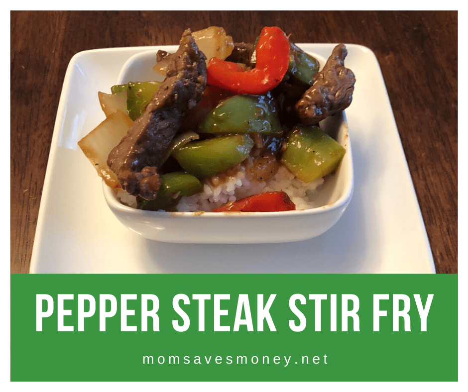 Pepper Steak Stir Fry with sirloin steak, peppers, onions and a homemade sauce served over white or jasmine rice. 