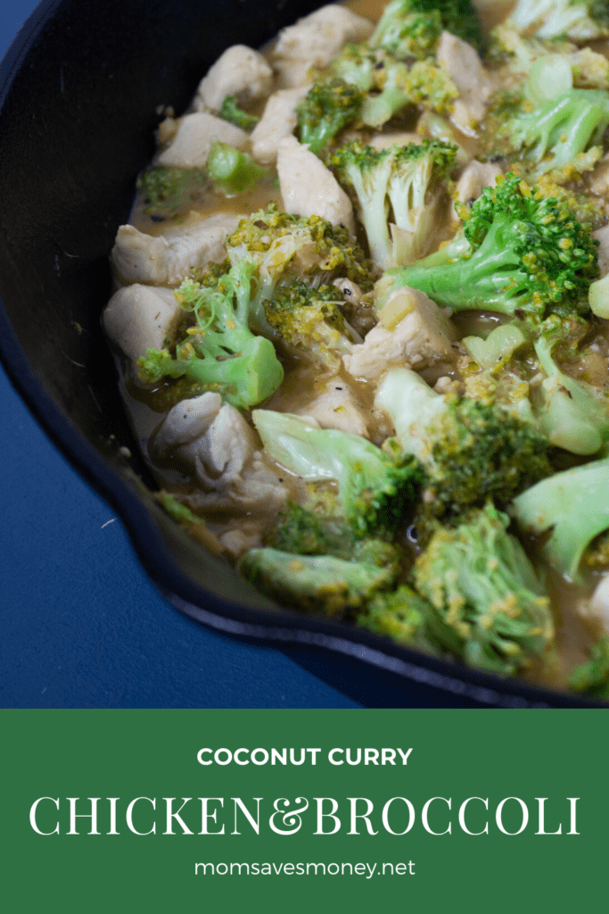 coconut curry chicken and brocolli in skillet