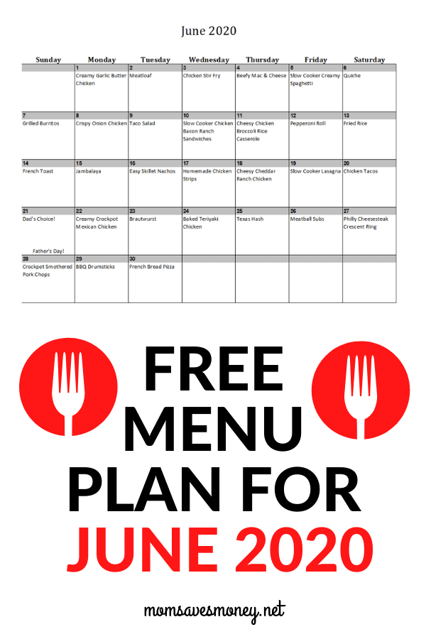 June 2020 meal plan calendar