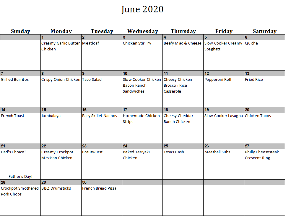 June 2020 Menu Plan