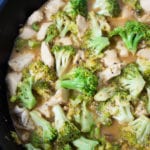 coconut curry chicken and broccoli in skillet