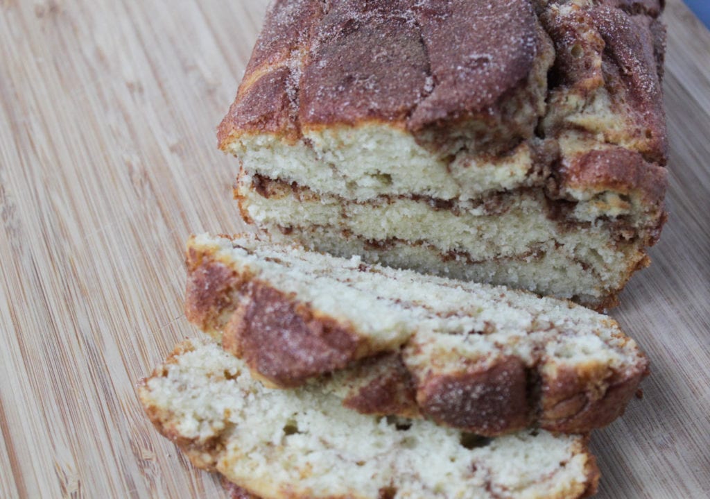 cinnamon loaf sliced with cinnamon swirl