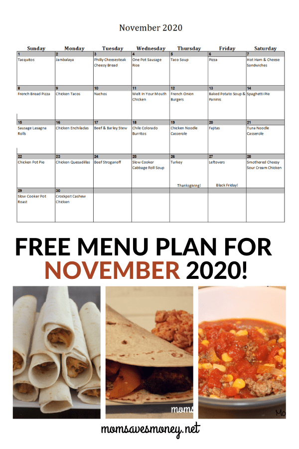 November 2020 Menu Plan